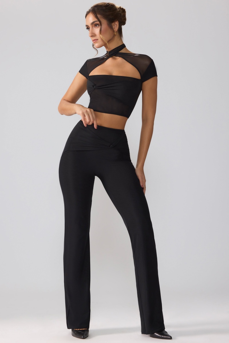 Black Women's Oh Polly Mesh Mid Rise Twist Overlay Flare Pants | 89320ODPY