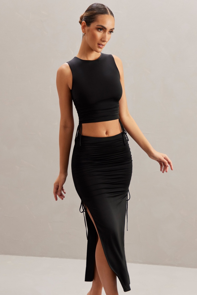 Black Women's Oh Polly Mid Rise Midi Skirts | 56084TJGU