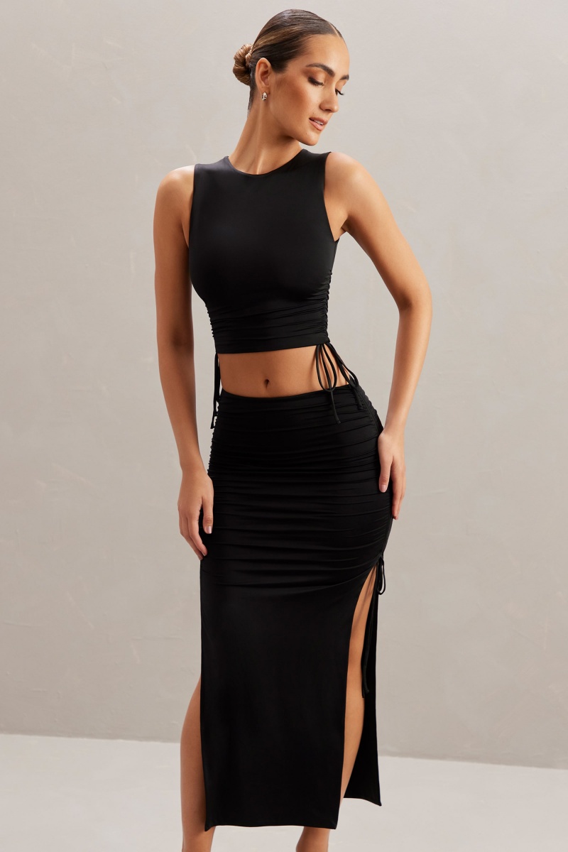 Black Women's Oh Polly Mid Rise Midi Skirts | 56084TJGU