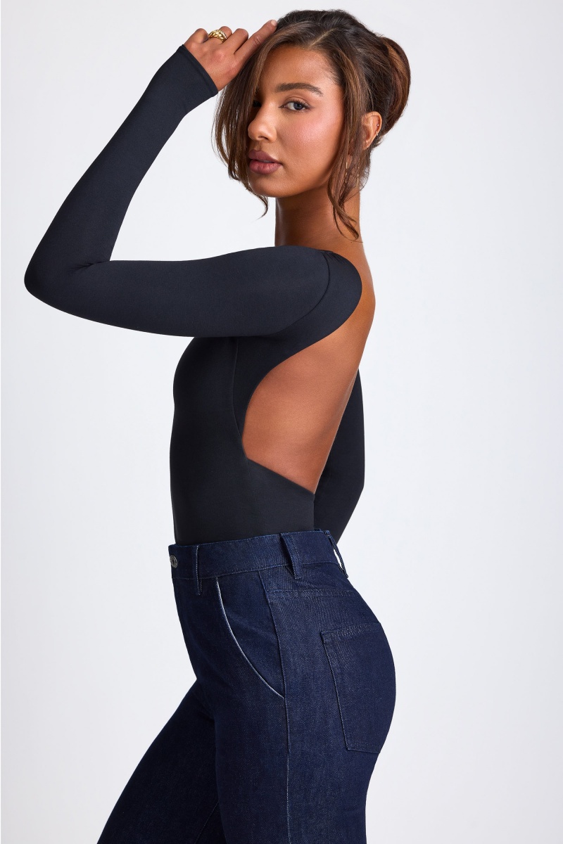 Black Women's Oh Polly Modal High Neck Long Sleeve Open Back Tops | 98053TMUB