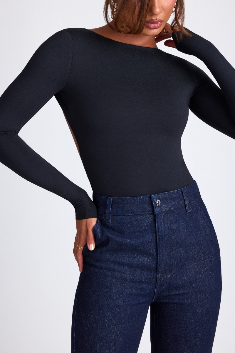 Black Women's Oh Polly Modal High Neck Long Sleeve Open Back Tops | 98053TMUB