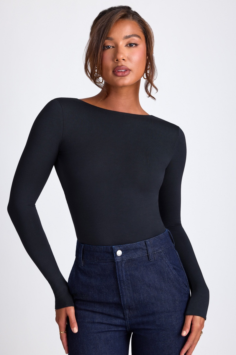 Black Women's Oh Polly Modal High Neck Long Sleeve Open Back Tops | 98053TMUB