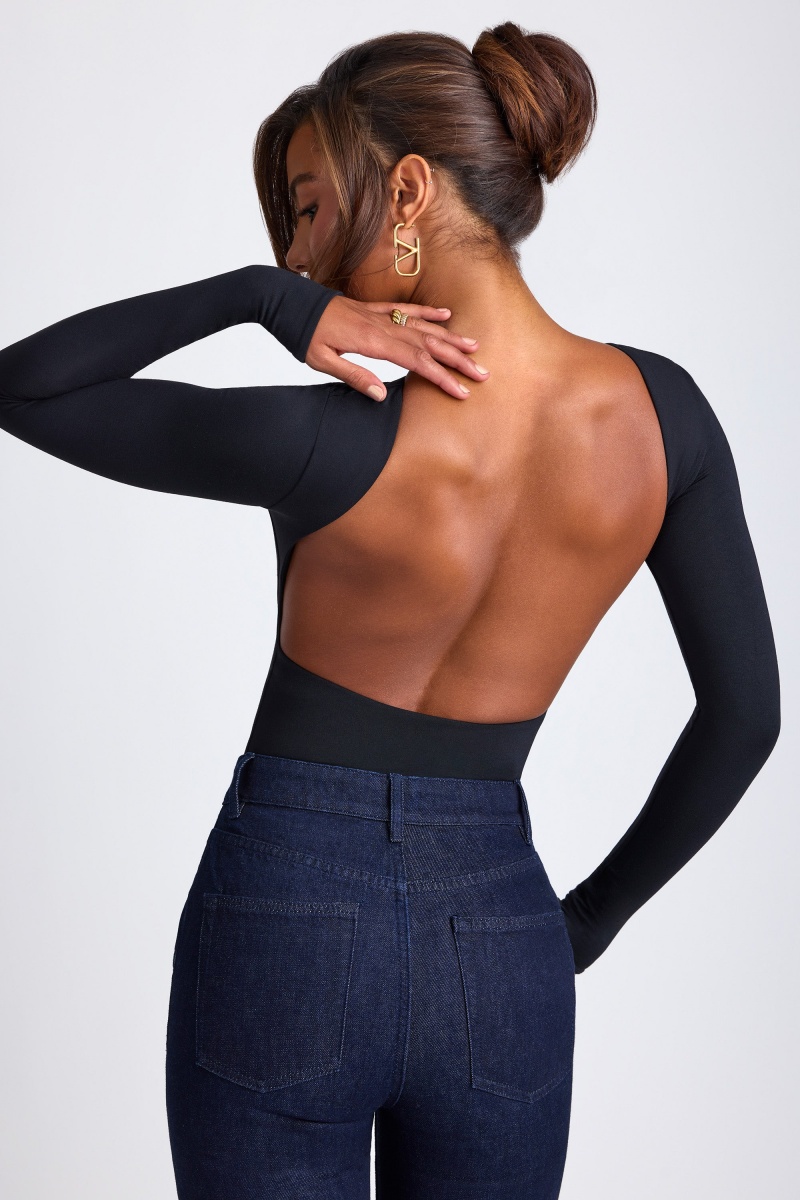 Black Women's Oh Polly Modal High Neck Long Sleeve Open Back Tops | 98053TMUB