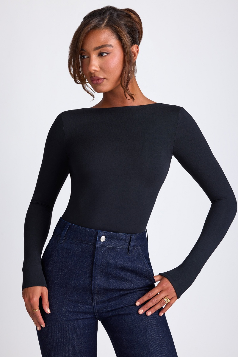 Black Women's Oh Polly Modal High Neck Long Sleeve Open Back Tops | 98053TMUB