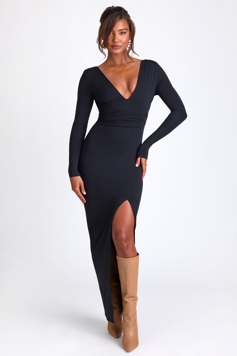 Black Women\'s Oh Polly Modal Plunge Neck Long Sleeve Maxi Dress | 24361PRYB