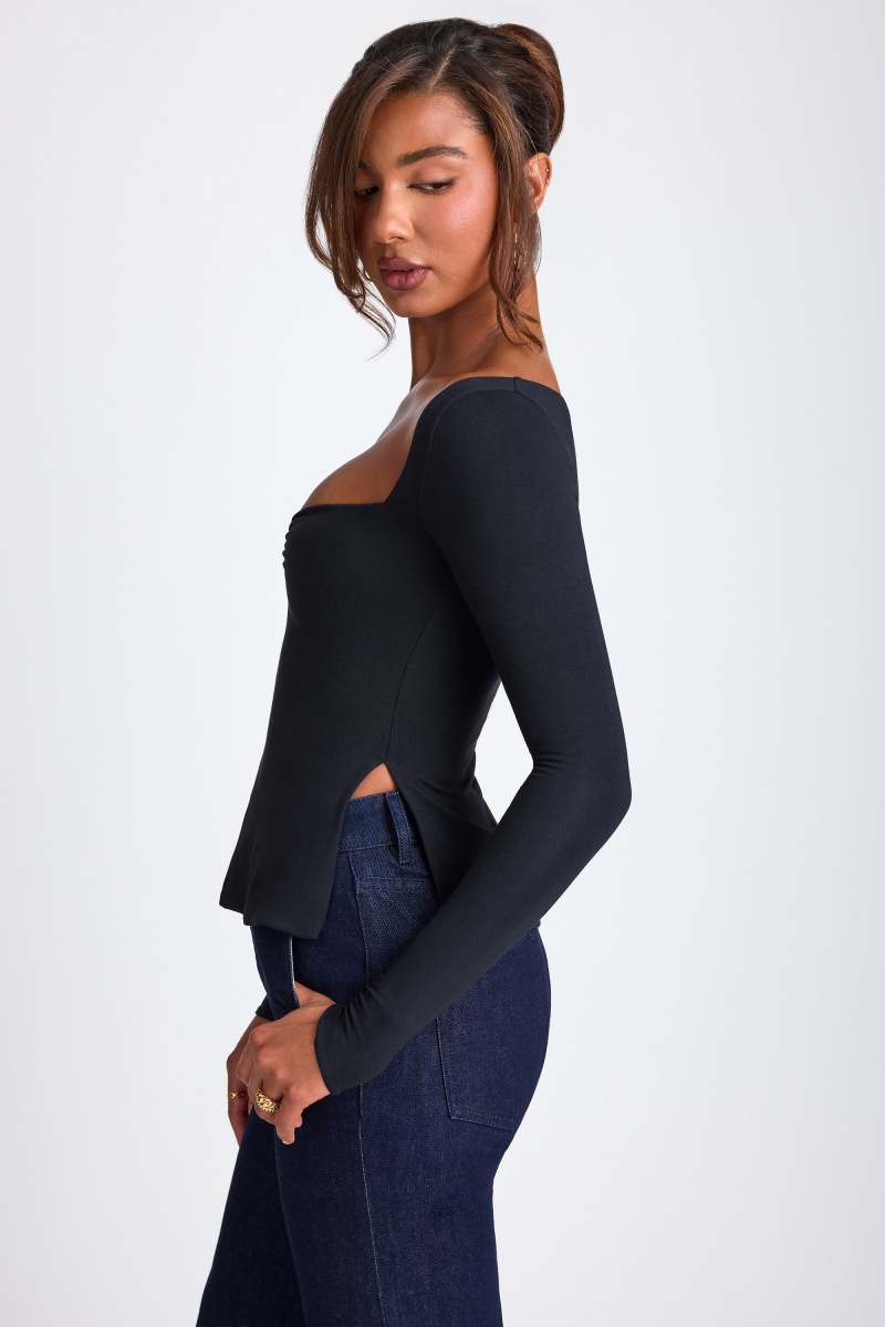 Black Women's Oh Polly Modal Sweetheart Neckline Long Sleeve Tops | 94087RKGW