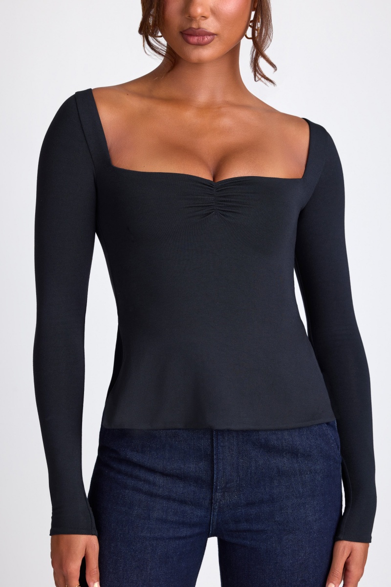 Black Women's Oh Polly Modal Sweetheart Neckline Long Sleeve Tops | 94087RKGW