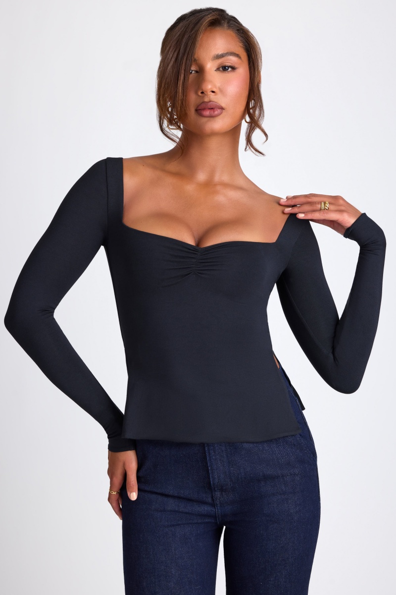 Black Women's Oh Polly Modal Sweetheart Neckline Long Sleeve Tops | 94087RKGW