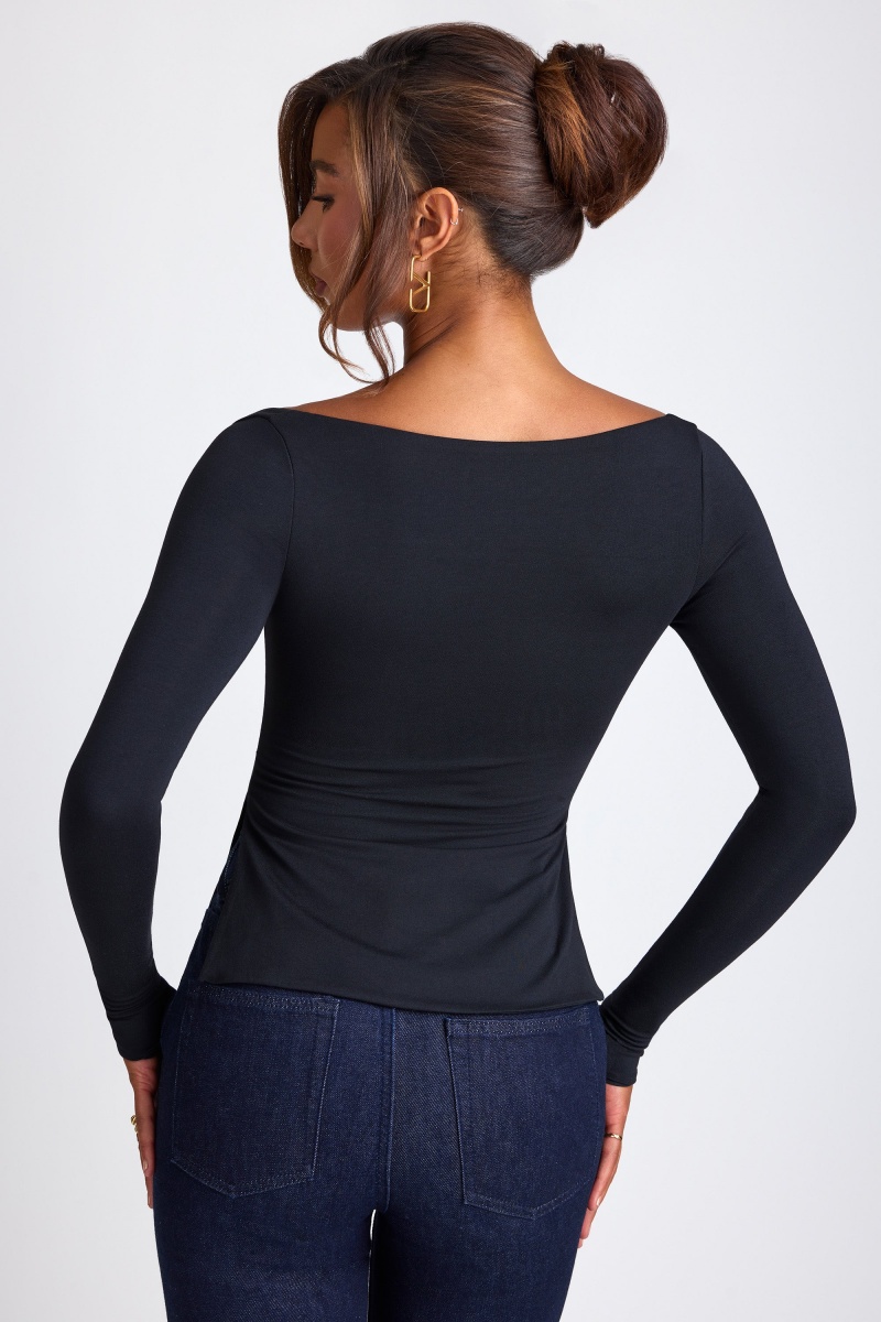 Black Women's Oh Polly Modal Sweetheart Neckline Long Sleeve Tops | 94087RKGW