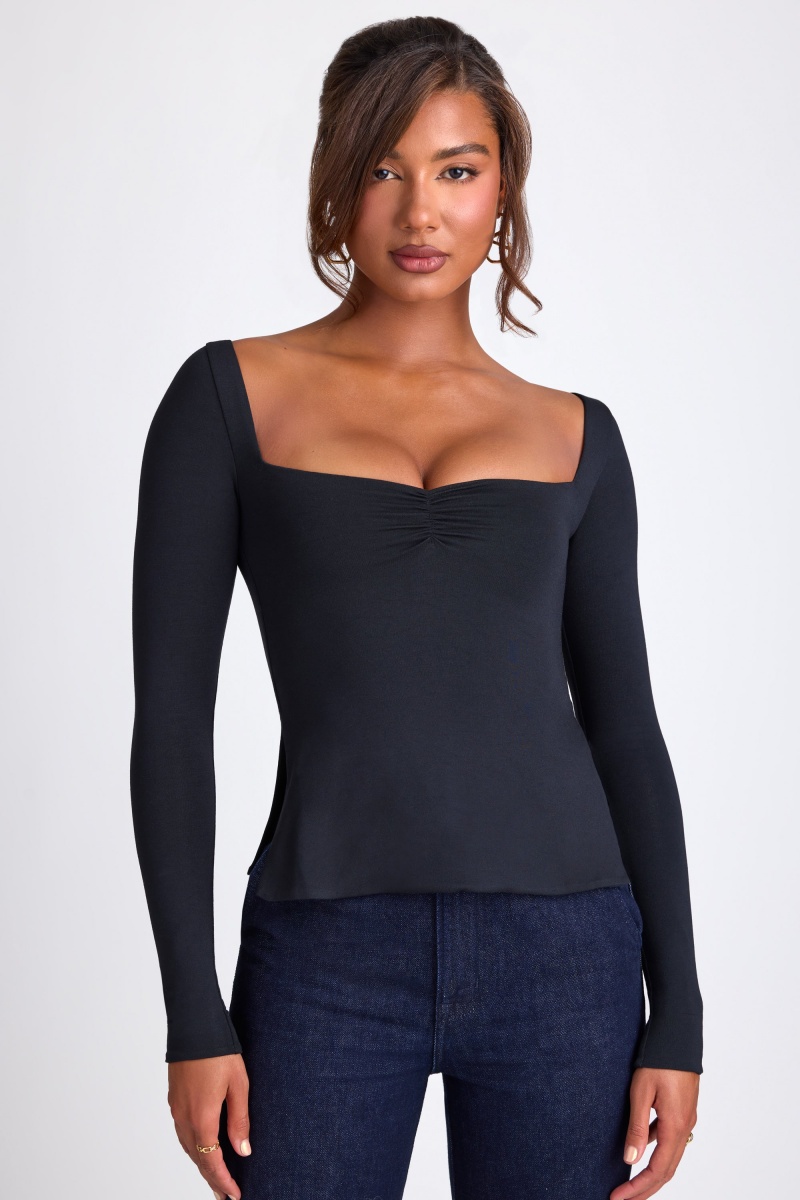 Black Women\'s Oh Polly Modal Sweetheart Neckline Long Sleeve Tops | 94087RKGW