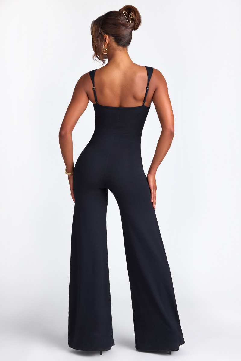 Black Women's Oh Polly Modal Sweetheart Neckline Wide Leg Jumpsuit | 90813GPLF