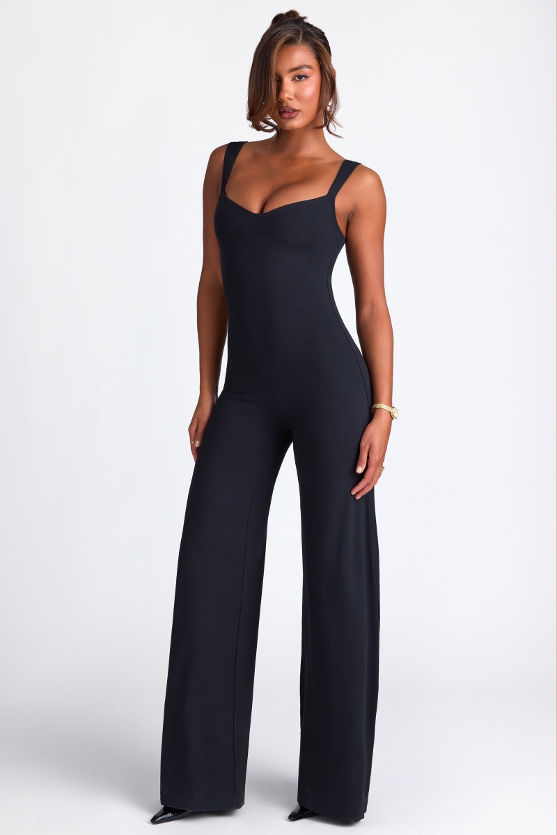 Black Women's Oh Polly Modal Sweetheart Neckline Wide Leg Jumpsuit | 90813GPLF