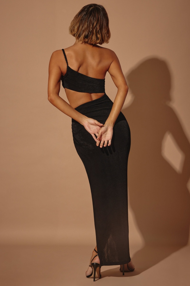 Black Women's Oh Polly One Shoulder Cut Out Maxi Dress | 07154MSUX