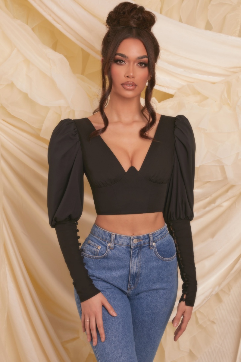 Black Women's Oh Polly Plunge Neck Puff Sleeve Crop Tops | 26951TYID