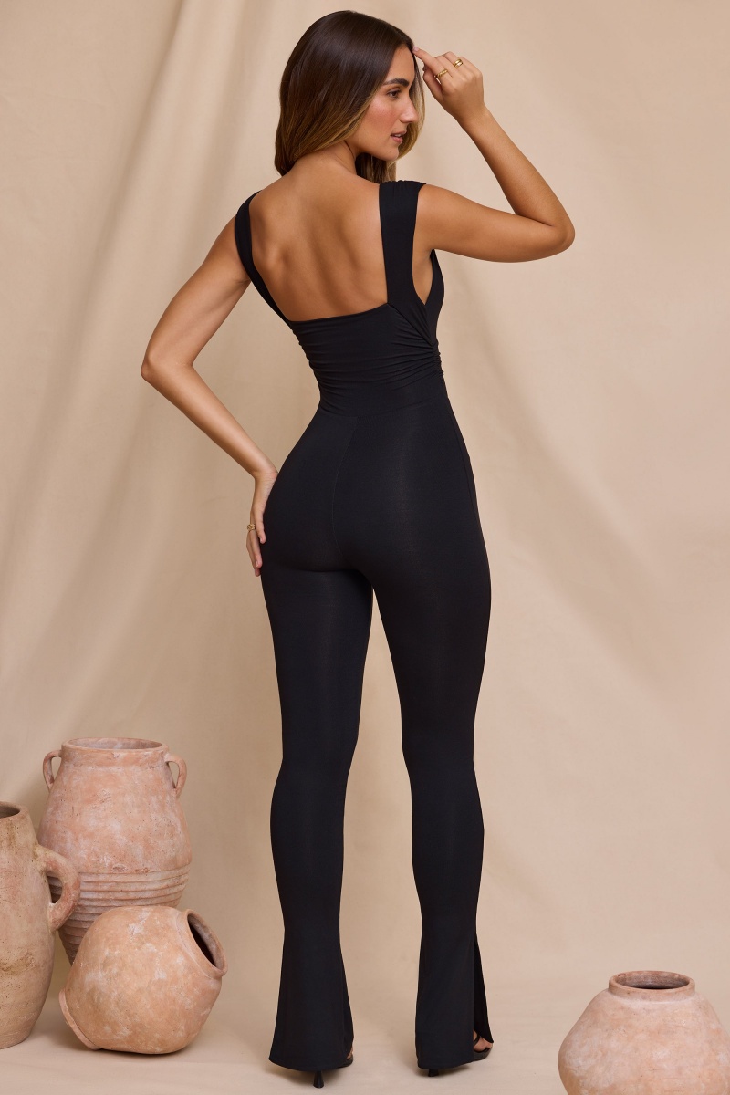 Black Women's Oh Polly Plunge Neck Ruched Waist Jumpsuit | 87461ZJPW