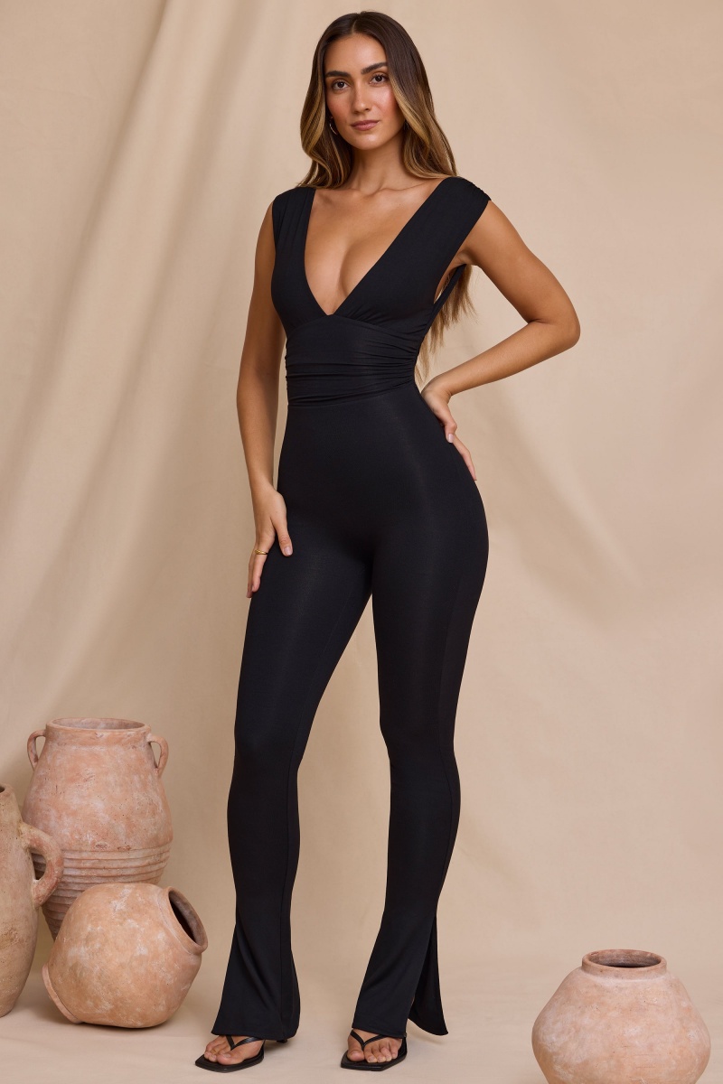 Black Women's Oh Polly Plunge Neck Ruched Waist Jumpsuit | 87461ZJPW