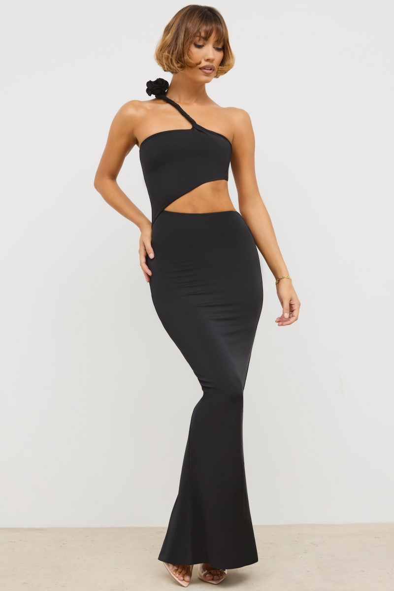 Black Women's Oh Polly Premium Jersey Asymmetric Cut Out Maxi Dress | 94713NGUC