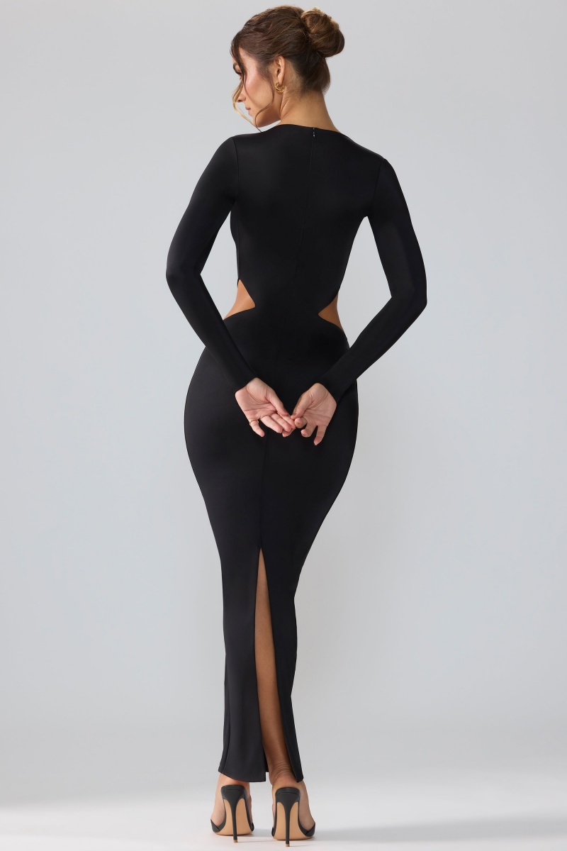 Black Women's Oh Polly Premium Jersey Long Sleeve Cut Out Maxi Dress | 64107RTNG