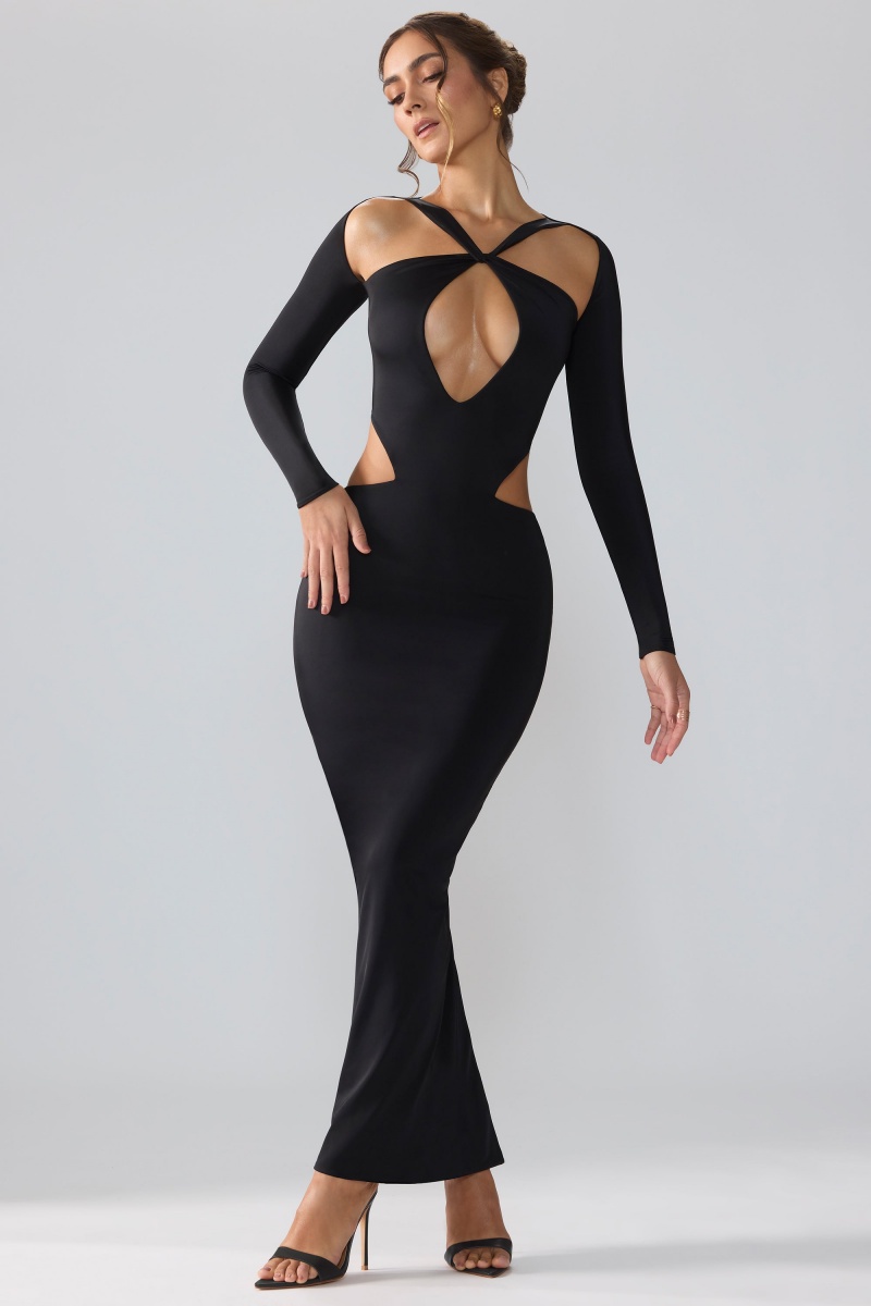 Black Women's Oh Polly Premium Jersey Long Sleeve Cut Out Maxi Dress | 64107RTNG