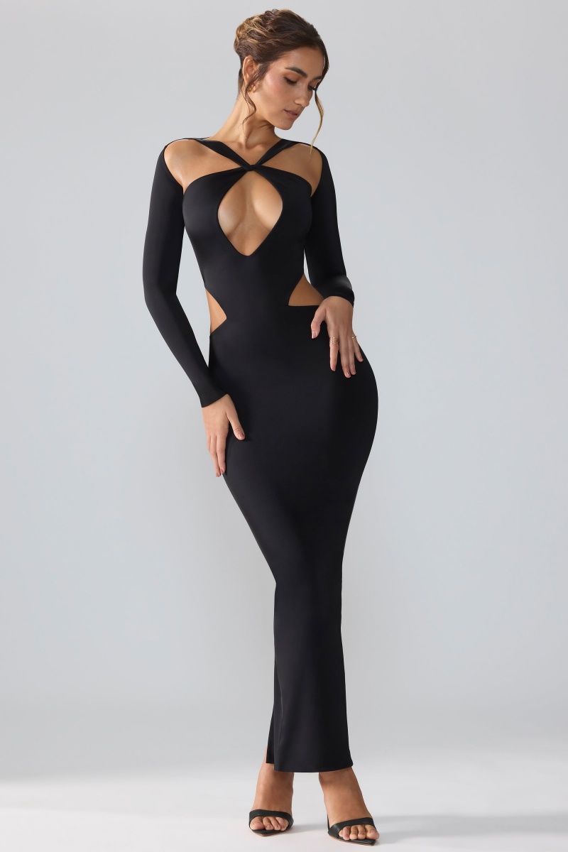 Black Women's Oh Polly Premium Jersey Long Sleeve Cut Out Maxi Dress | 64107RTNG