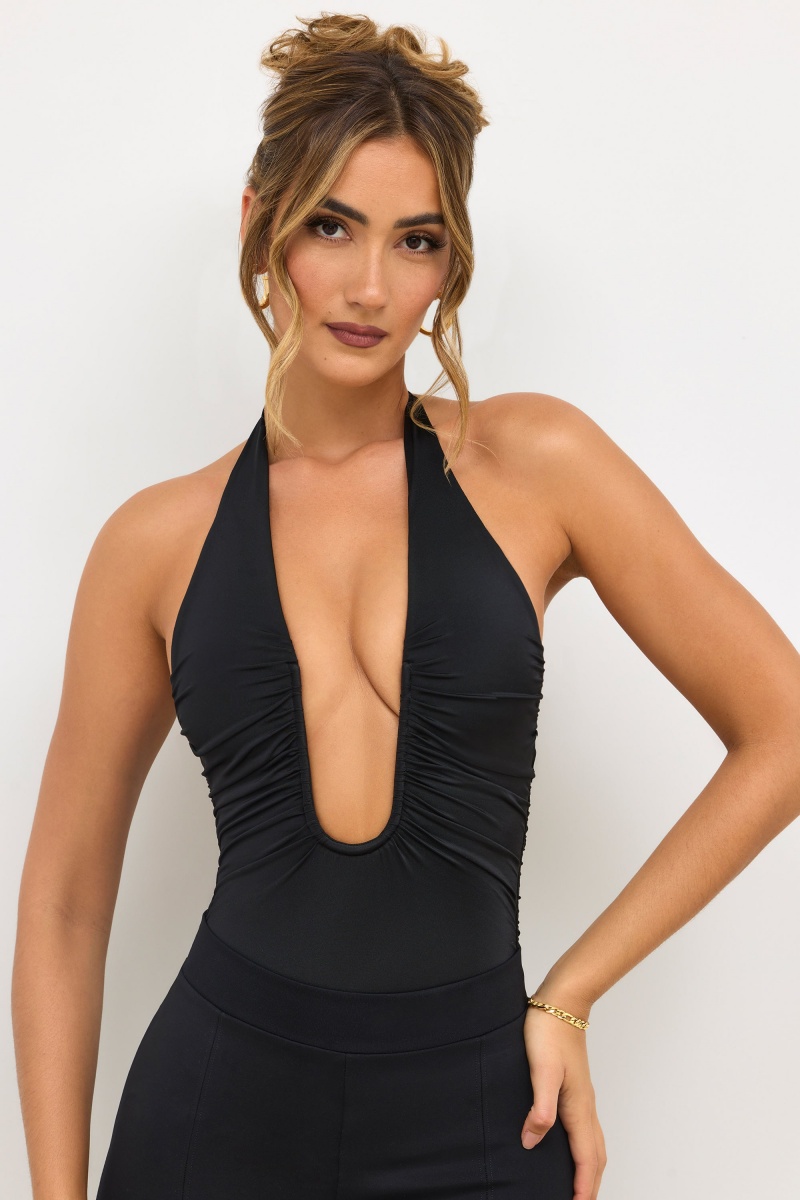 Black Women's Oh Polly Premium Jersey Plunge Neck Bodysuit | 48213TSYR