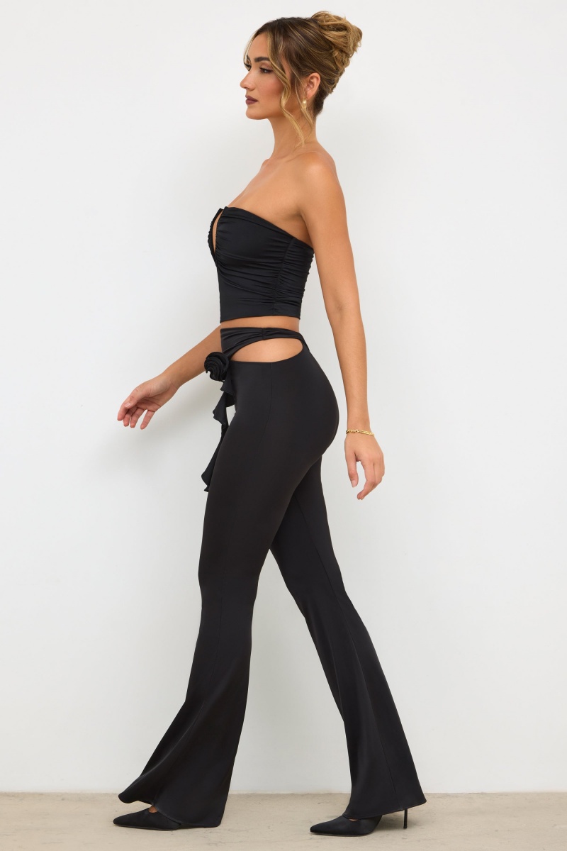 Black Women's Oh Polly Premium Jersey Rose Detail Mid-Rise Flare Pants | 96781IFGS