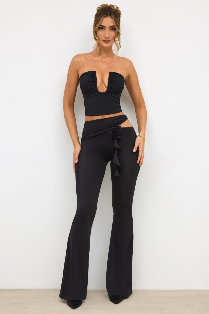 Black Women's Oh Polly Premium Jersey Rose Detail Mid-Rise Flare Pants | 96781IFGS