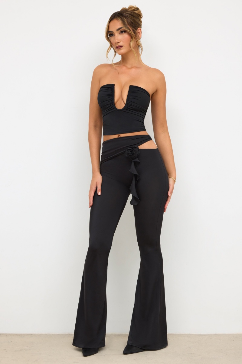 Black Women's Oh Polly Premium Jersey Rose Detail Mid-Rise Flare Pants | 96781IFGS