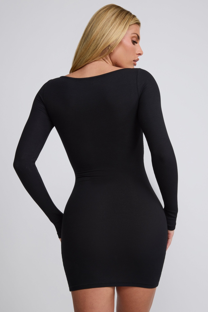 Black Women's Oh Polly Ribbed Modal Long Sleeve Mini Dress | 40531WGVT