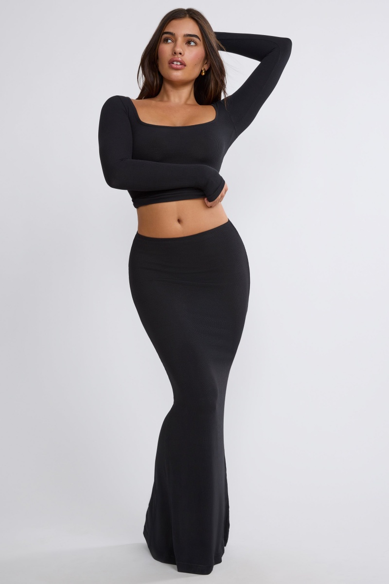 Black Women\'s Oh Polly Ribbed Modal Mid Rise Maxi Skirts | 97308APSX