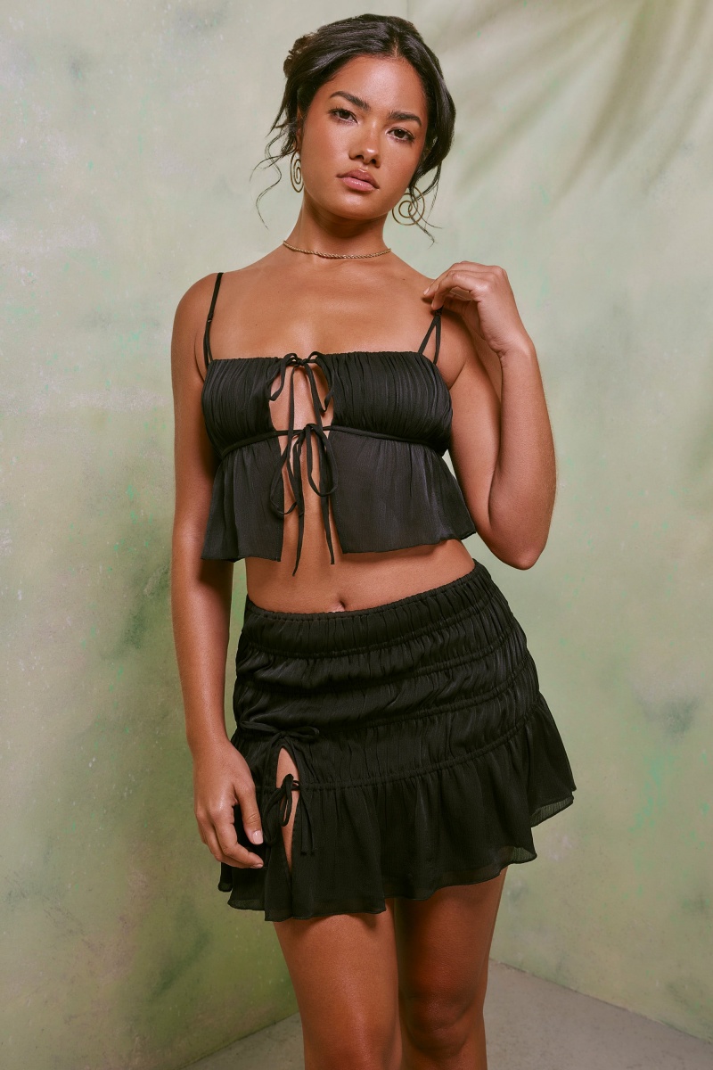 Black Women's Oh Polly Shirred Tie Up Front Crop Tops | 43061DBNF