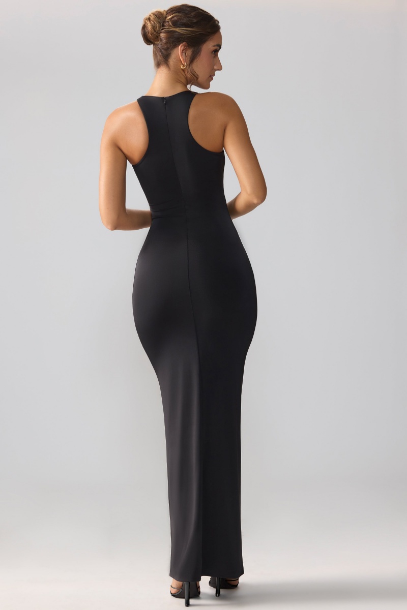 Black Women's Oh Polly Slinky Jersey Cut Out Ruffle Racerback Maxi Dress | 71468RDGY