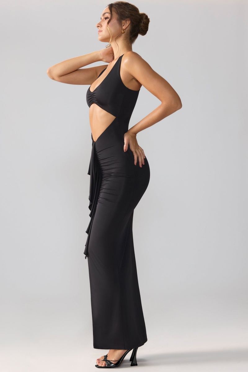 Black Women's Oh Polly Slinky Jersey Cut Out Ruffle Racerback Maxi Dress | 71468RDGY