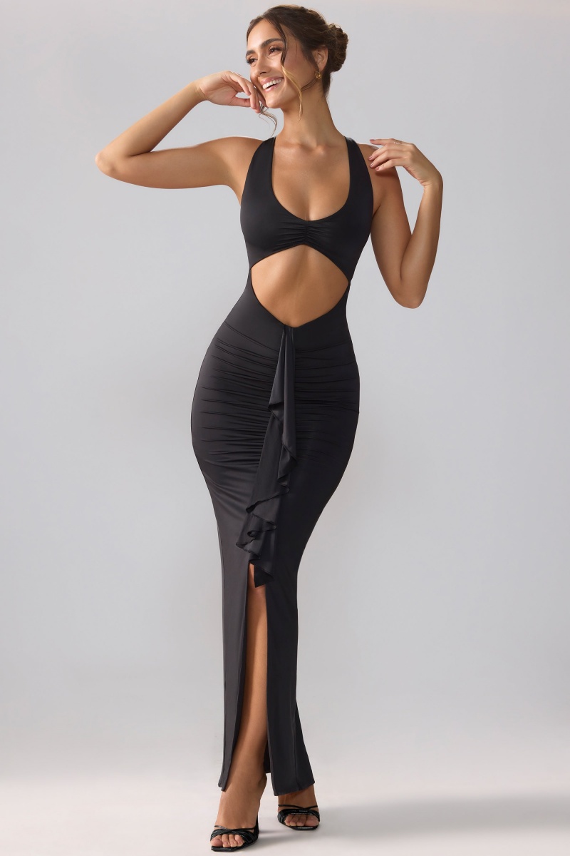 Black Women's Oh Polly Slinky Jersey Cut Out Ruffle Racerback Maxi Dress | 71468RDGY