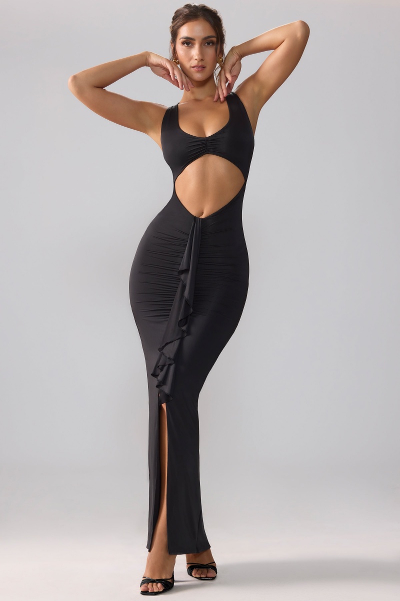 Black Women's Oh Polly Slinky Jersey Cut Out Ruffle Racerback Maxi Dress | 71468RDGY