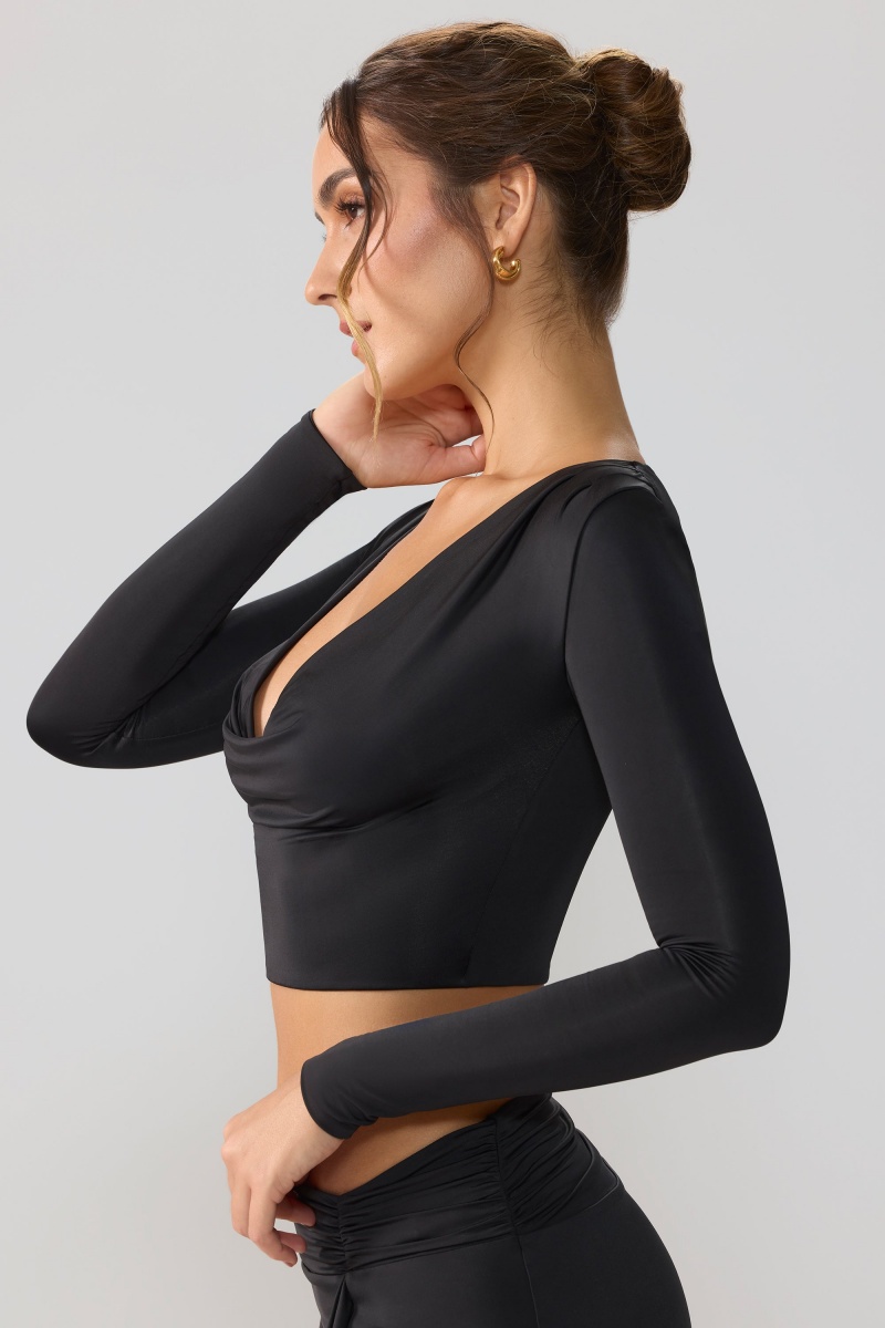 Black Women's Oh Polly Slinky Jersey Plunge Neck Long Sleeve Crop Tops | 54708EOXT