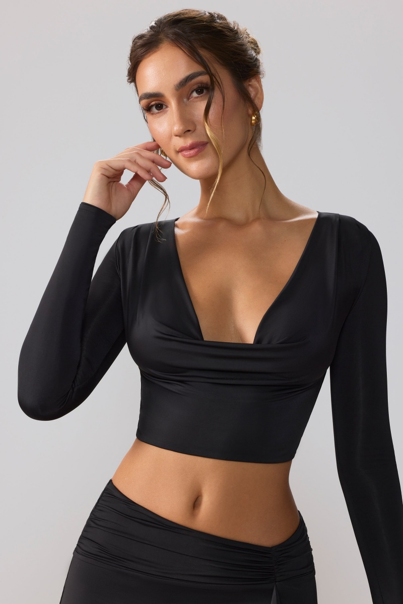 Black Women's Oh Polly Slinky Jersey Plunge Neck Long Sleeve Crop Tops | 54708EOXT