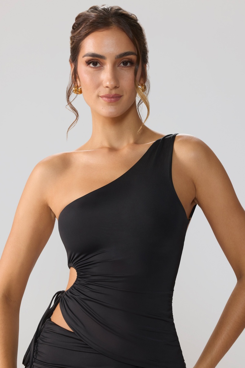 Black Women's Oh Polly Slinky Jersey Ruched Cut Out One Shoulder Tops | 40657HITG