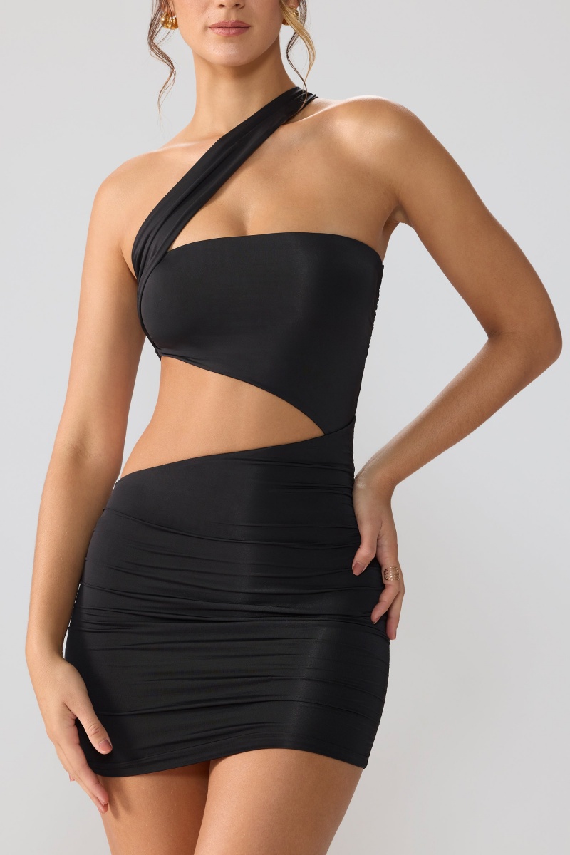 Black Women's Oh Polly Slinky Jersey Ruched Cut Out Mini Dress | 12307PUQL