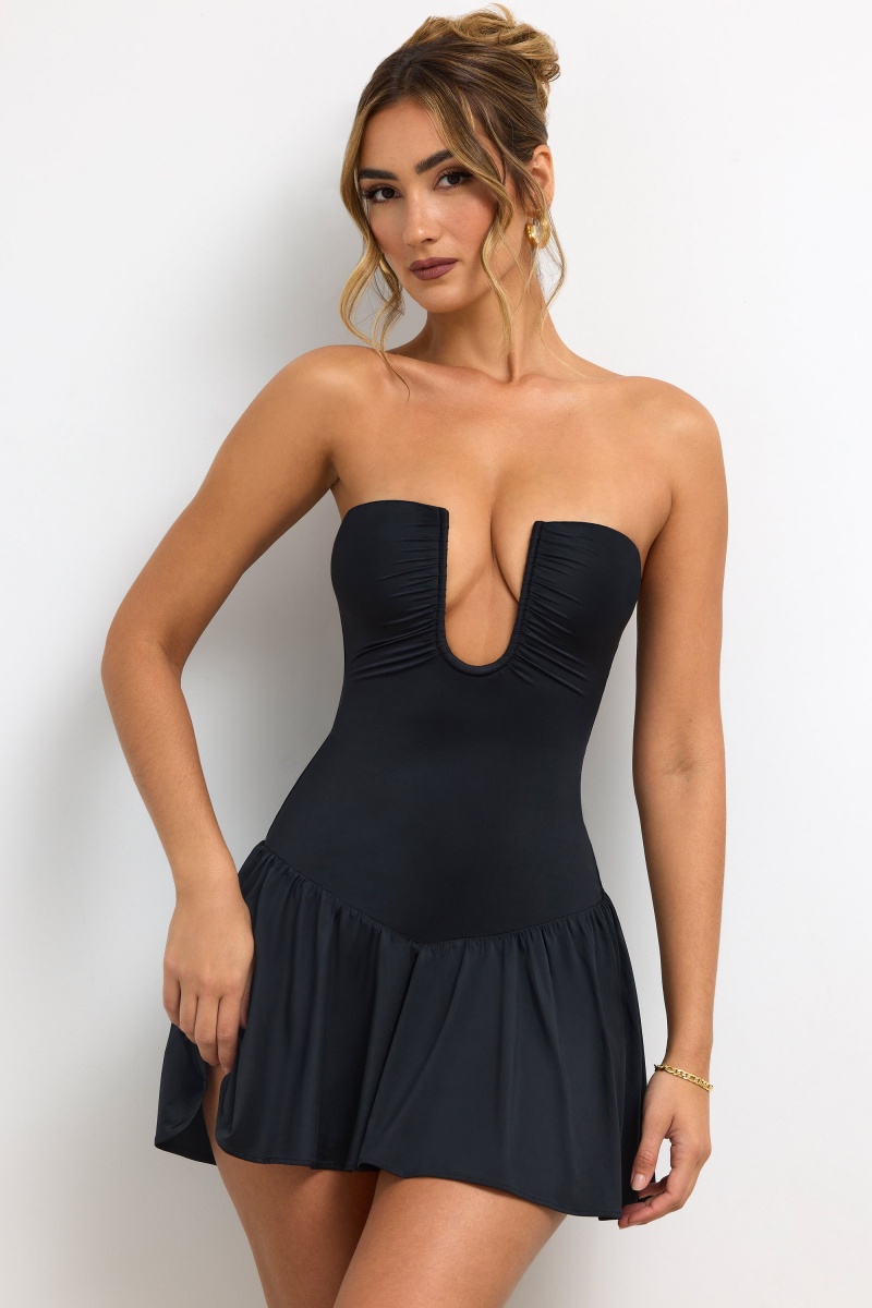 Black Women's Oh Polly Slinky Jersey Strapless Plunge Neck Mini Dress | 08241NVPD