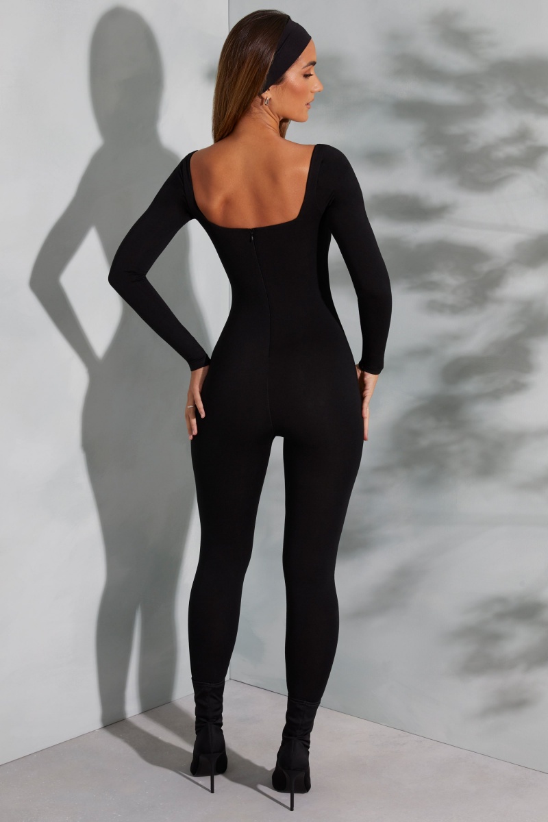 Black Women's Oh Polly Square Neck Long Sleeve Jumpsuit | 14875BEGF