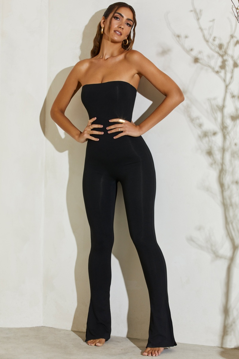 Black Women's Oh Polly Strapless Flared Hem Jumpsuit | 93401WVGU