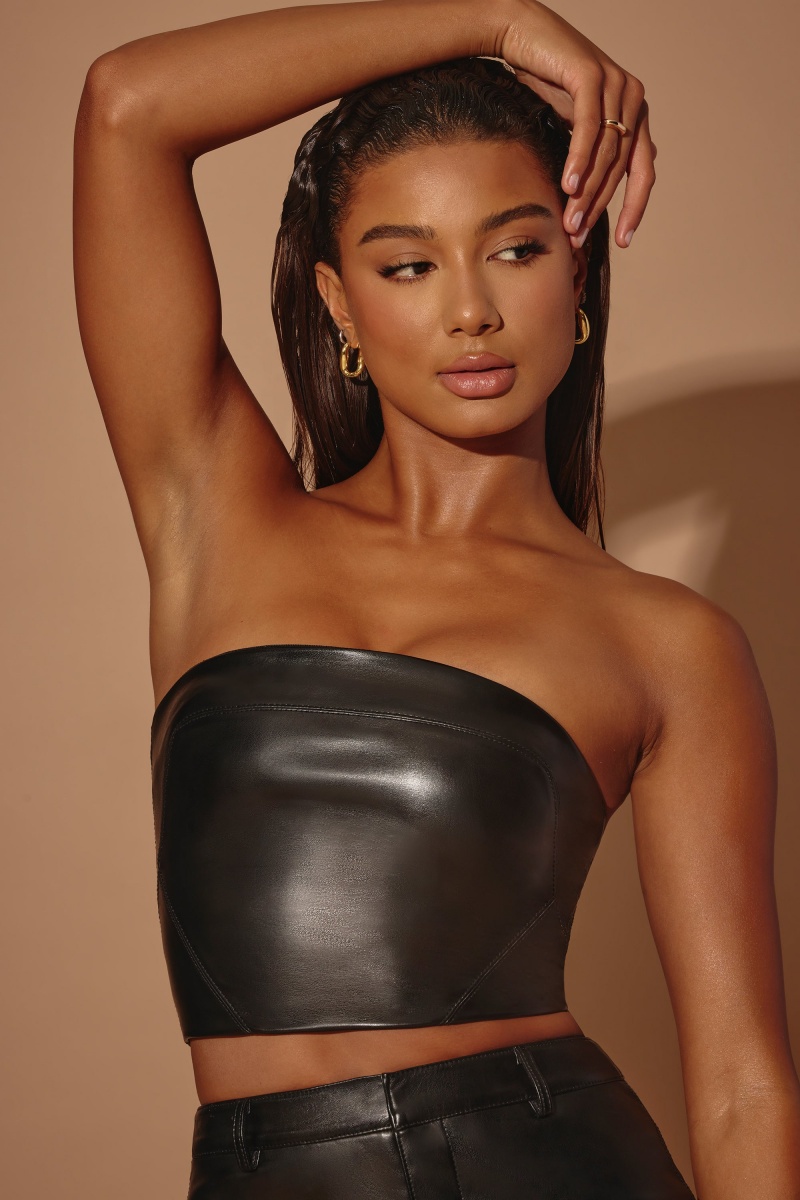 Black Women's Oh Polly Strapless Vegan Leather Corset Tops | 98463LOSY