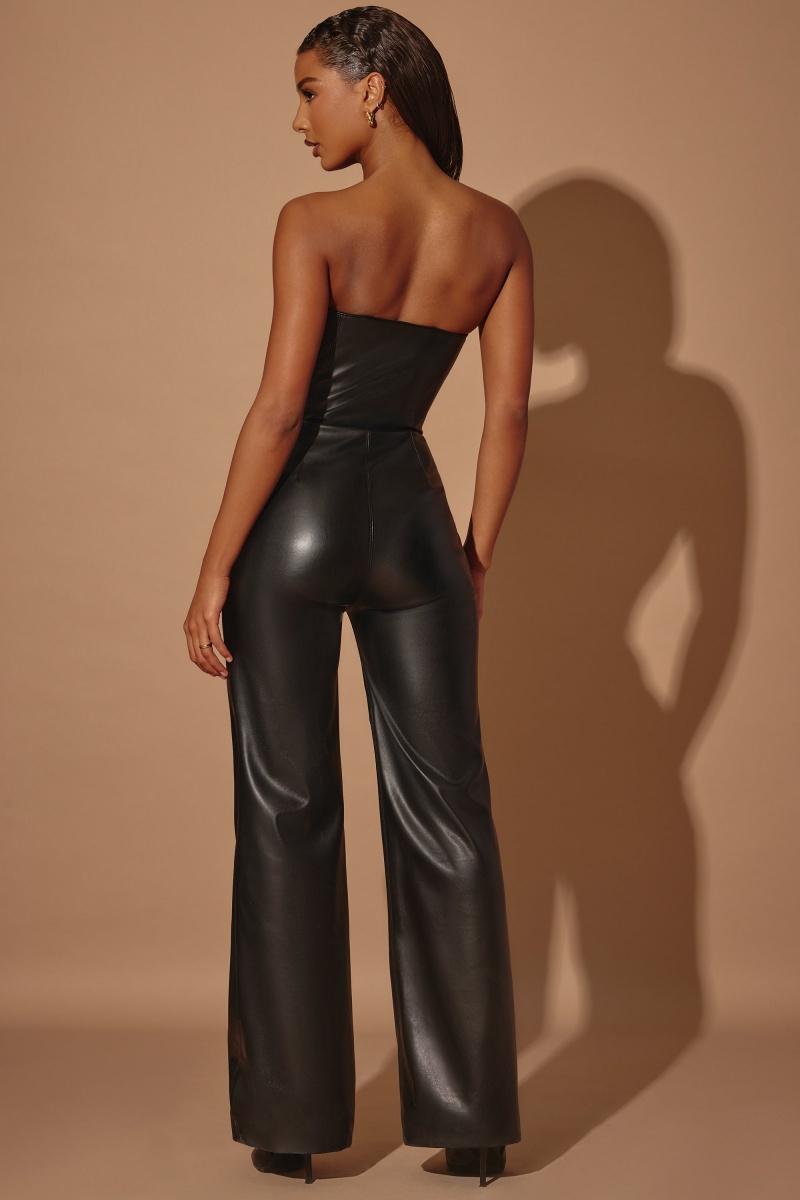 Black Women's Oh Polly Strapless Wide Leg Vegan Leather Jumpsuit | 24561RXAT