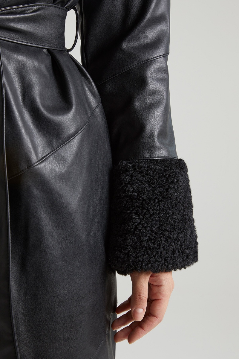 Black Women's Oh Polly Tie Up with Shearling Collar and Cuffs Coats | 46958YTCA