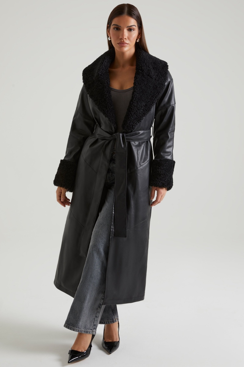 Black Women's Oh Polly Tie Up with Shearling Collar and Cuffs Coats | 46958YTCA