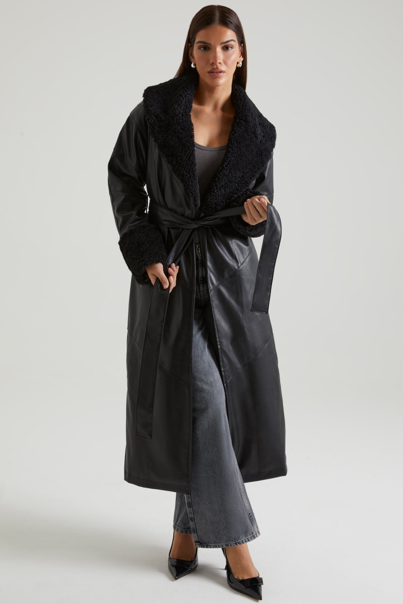 Black Women\'s Oh Polly Tie Up with Shearling Collar and Cuffs Coats | 46958YTCA