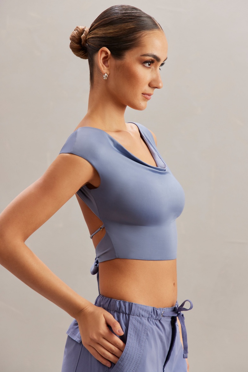 Blue Women's Oh Polly Cowl Neck Crop Tops | 42591HYSN