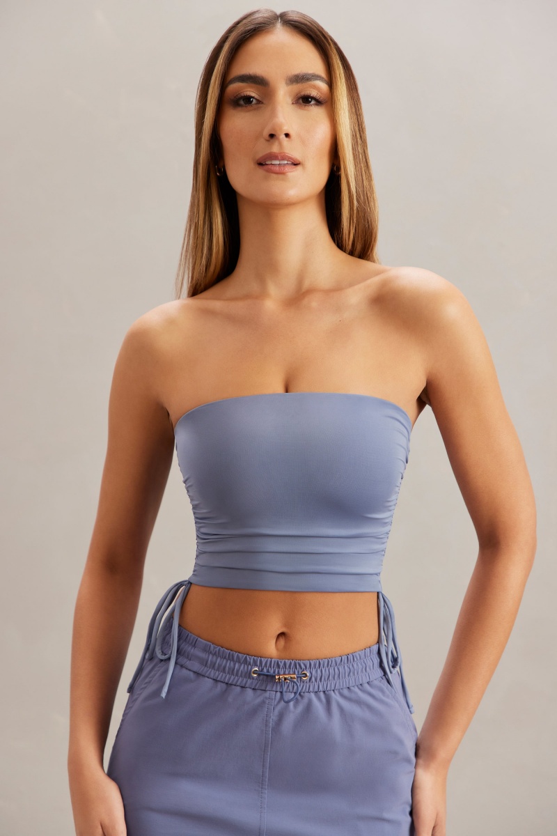 Blue Women's Oh Polly Ruched Bandeau Crop Tops | 57961JCZH