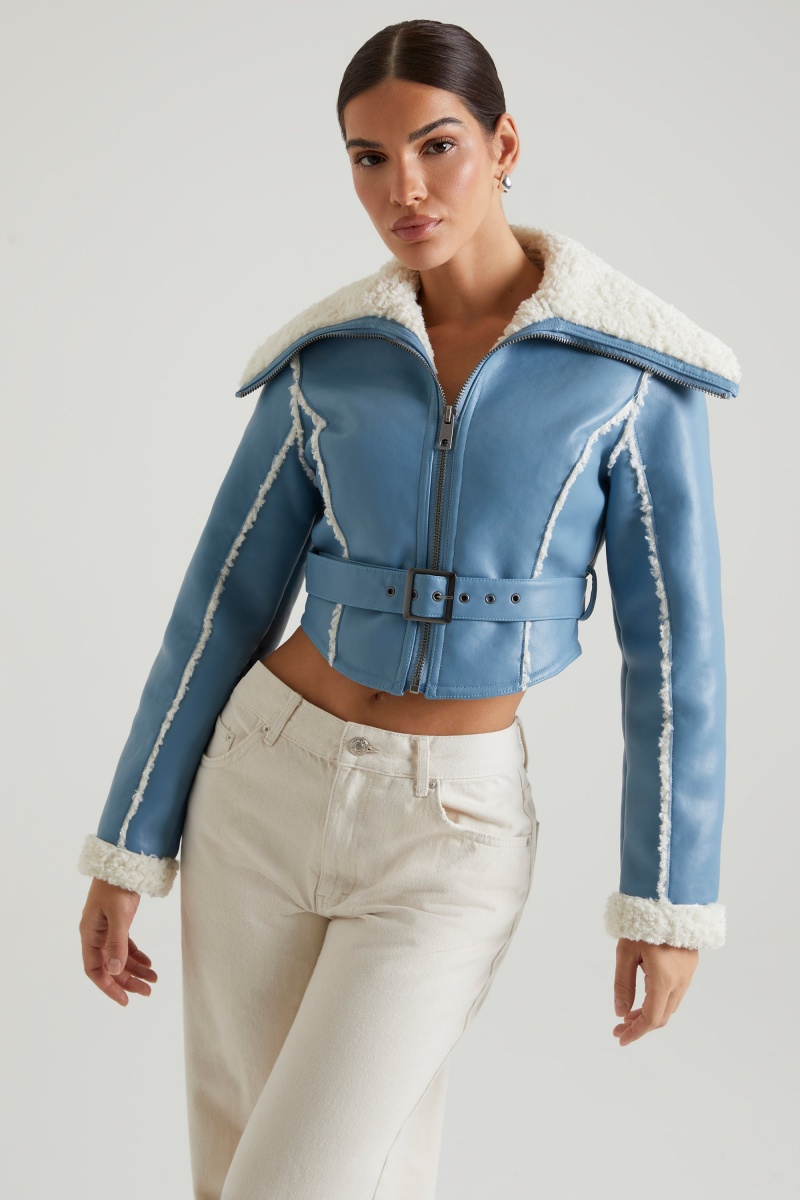 Blue Women's Oh Polly with Shearling Collar and Trim Jackets | 73185XKBN